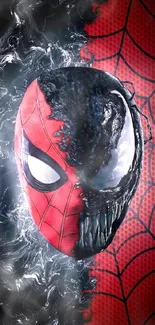 Spider mask with red web and dark symbiote design.