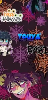 Halloween anime wallpaper with webs and characters.