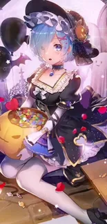 Cute anime witch in Halloween setting with colorful backdrop.