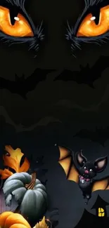 Halloween-themed wallpaper with glowing eyes, bat, and pumpkins.