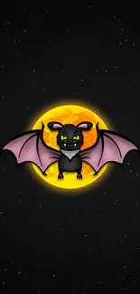 Cartoon bat with moon on black background.