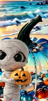 Halloween-themed beach scene with mummy and pumpkins in vibrant colors.