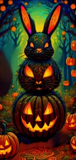 Dark forest with glowing pumpkins and a magical bunny, perfect for Halloween.