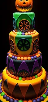 Four-tiered Halloween cake with pumpkin and colorful decoration.