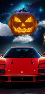 Red car with pumpkin in Halloween-themed wallpaper.