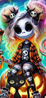 Halloween-themed cartoon with skull motifs and colorful design.