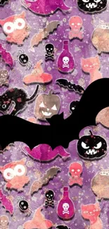 Halloween-themed cartoon wallpaper with bats, skulls, and cats on purple background.