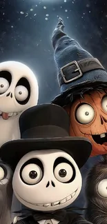 Whimsical Halloween-themed cartoon wallpaper with characters.