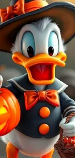 Cartoon duck in Halloween attire holding a pumpkin.