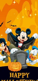 Halloween themed cartoon wallpaper with iconic characters.