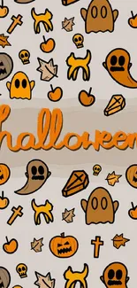 Cartoon Halloween wallpaper with ghosts, pumpkins, and festive decorations.