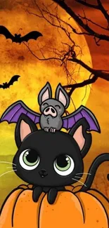 Cute Halloween wallpaper with cat and bat on a pumpkin.