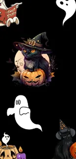 Halloween wallpaper with witch cat, ghosts, and pumpkins.