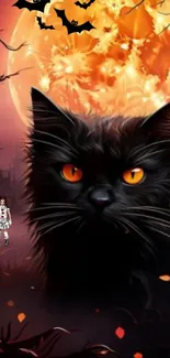 Black cat with orange eyes against a Halloween moon and bats.