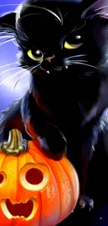 Black cat with pumpkin Halloween wallpaper.