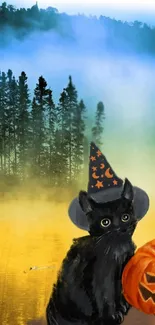 Halloween wallpaper with black cat, witch hat, and jack-o'-lantern.