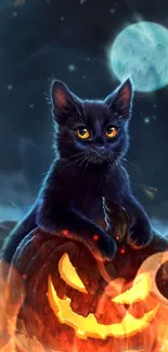 Black cat sitting on a jack-o'-lantern under a full moon.