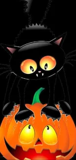 Black cat on carved pumpkin Halloween wallpaper with glowing eyes.