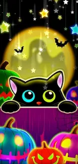 Cute black cat with glowing pumpkins and a spooky Halloween moon.