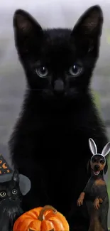 Halloween cat with decorations and pumpkins.