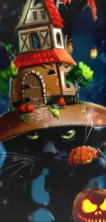 Fantasy Halloween wallpaper with black cat and pumpkin house.