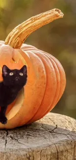 Black cat peeking out of a carved pumpkin on a wooden stump.