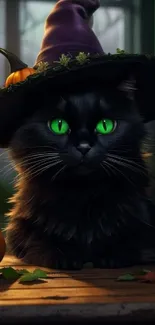 Black cat with green eyes wearing a witch hat for Halloween.