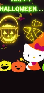 Hello Kitty Halloween wallpaper with pumpkins and neon lights.