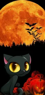 Halloween wallpaper with a black cat, moon, pumpkins, and bats.