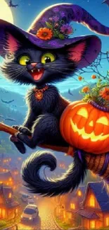 A cute black witch cat rides a broomstick beside a pumpkin under a full moon.