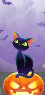 Black cat on a pumpkin with bats and full moon in Halloween-themed art.