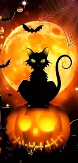 Halloween wallpaper with cat silhouette, glowing pumpkin, and full orange moon.