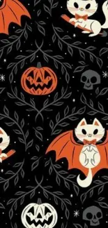 Halloween themed wallpaper with cats, pumpkins, bats, and skulls on black background.