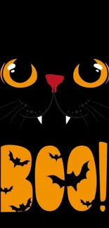 Halloween wallpaper with black cat and orange 'Boo!' text featuring bats.