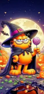 Cartoon cat in witch hat with pumpkins and candy, Halloween theme.