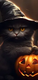 Cute cat in witch hat with glowing pumpkin, perfect Halloween vibe.