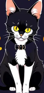 Halloween cat with pumpkins and stars on a dark background.