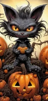 Dark cat surrounded by glowing pumpkins, perfect for Halloween.