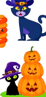 Halloween wallpaper featuring cats and pumpkins.