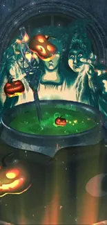 Magical Halloween cauldron with glowing pumpkins and spectral figures.