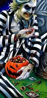 Spooky character with striped suit and pumpkin surrounded by candy.