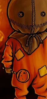 Creepy Halloween character in orange costume standing by a fire.