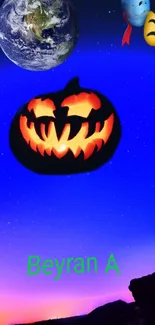 Halloween theme wallpaper with a glowing pumpkin and cosmic sky.