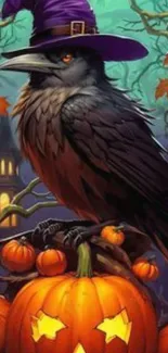 Raven with witch hat sitting on pumpkins in a spooky forest.