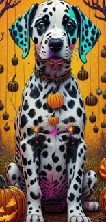 Dalmatian dog in a Halloween-themed backdrop with pumpkins and glowing lights.