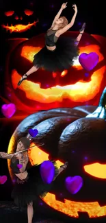 Ballet dancers amid glowing pumpkins and purple hearts for Halloween.