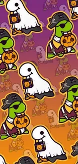 Colorful Halloween wallpaper with cartoon dinosaurs and ghosts.