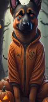 German Shepherd in Halloween hoodie with pumpkins in a spooky forest.