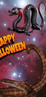 Halloween wallpaper with dragon, snake, and cosmic stars.