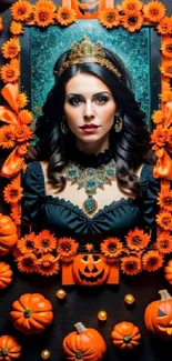 Elegant woman surrounded by pumpkins and flowers on a Halloween-themed wallpaper.